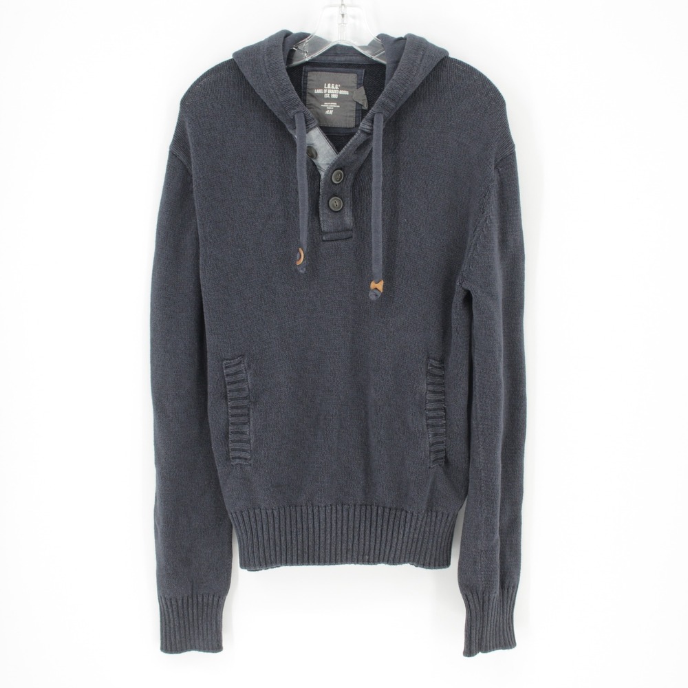H&M LOGG Men's Gray‎ Henley Hooded Knit Sweater Size Medium